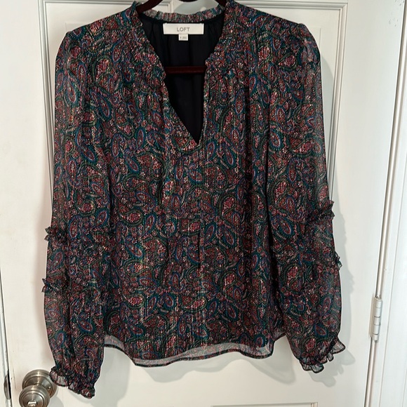 LOFT Shimmer Paisley Smocked Ruffle Tie Neck Blouse medium, New without tags - Picture 1 of 4